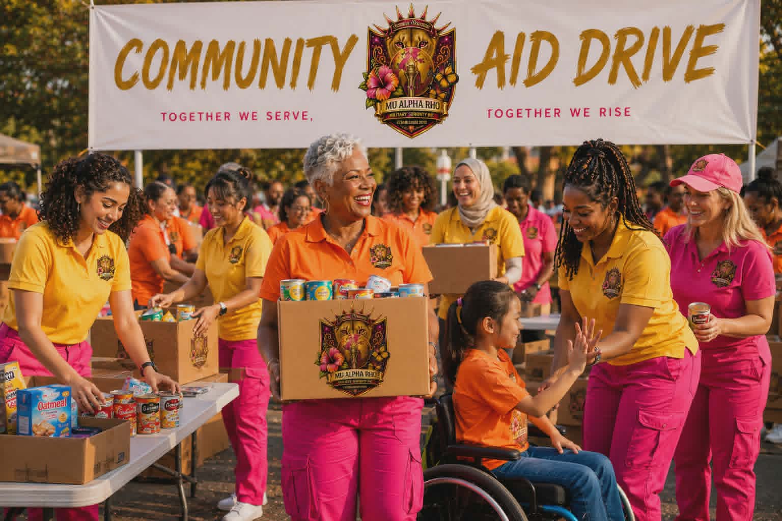 Mu Alpha Rho members leading a community aid drive — delivering relief, supplies, and measurable impact