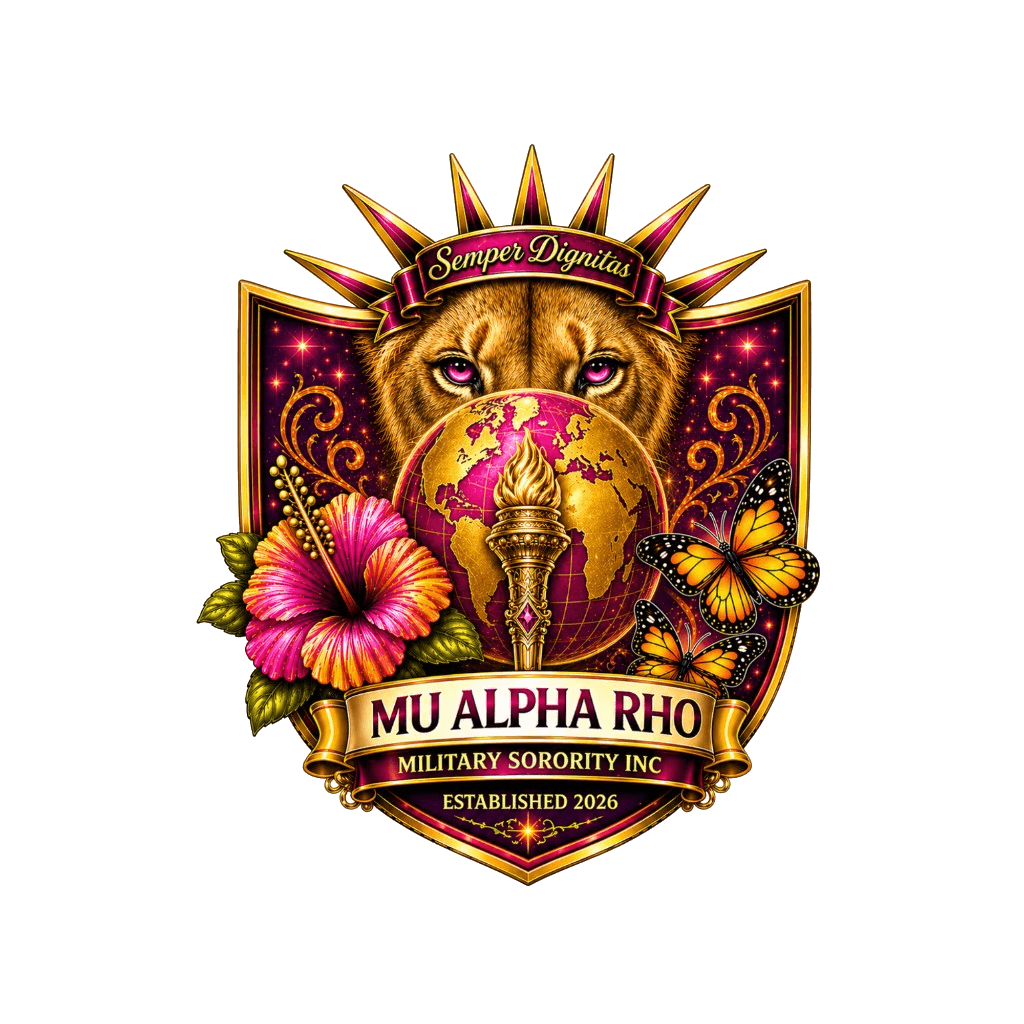 Mu Alpha Rho Military Sorority, Inc. official crest — lioness, globe, torch, hibiscus, and monarch butterflies