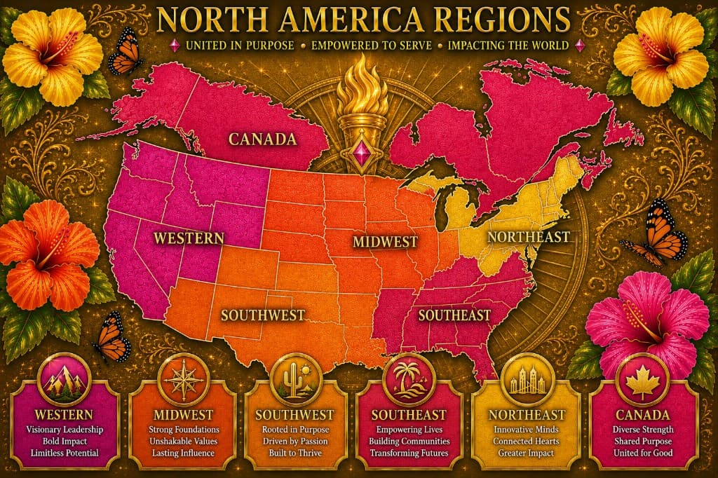 Mu Alpha Rho North America regions map — United States and Canada chapter regions including Western, Midwest, Southwest, Southeast, Northeast, and Canada